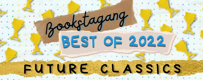 Colorful banner with gold trophy icons and confetti, displaying text 'Bookstagram Best of 2022 Future Classics'.
