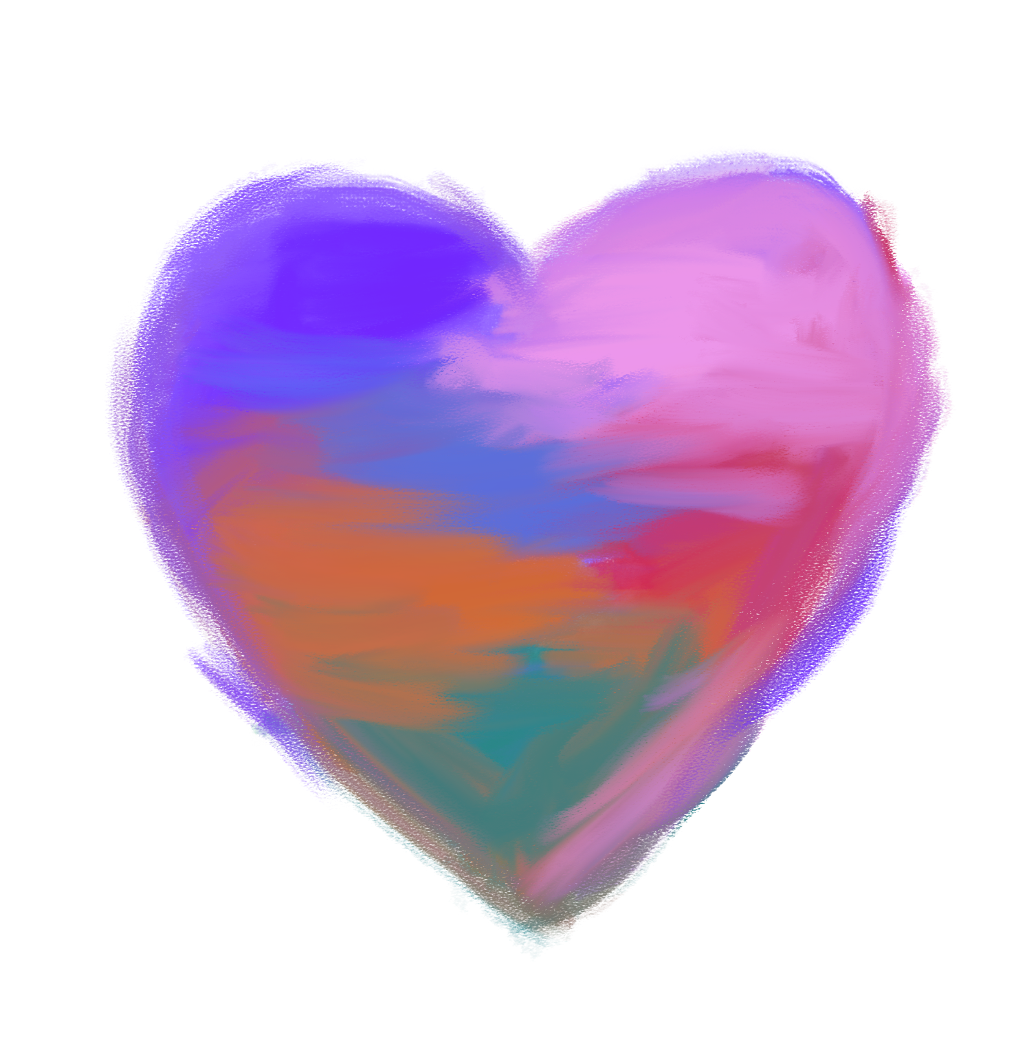 A colorful, abstract painted heart with shades of blue, pink, purple, orange, and green on a white background.
