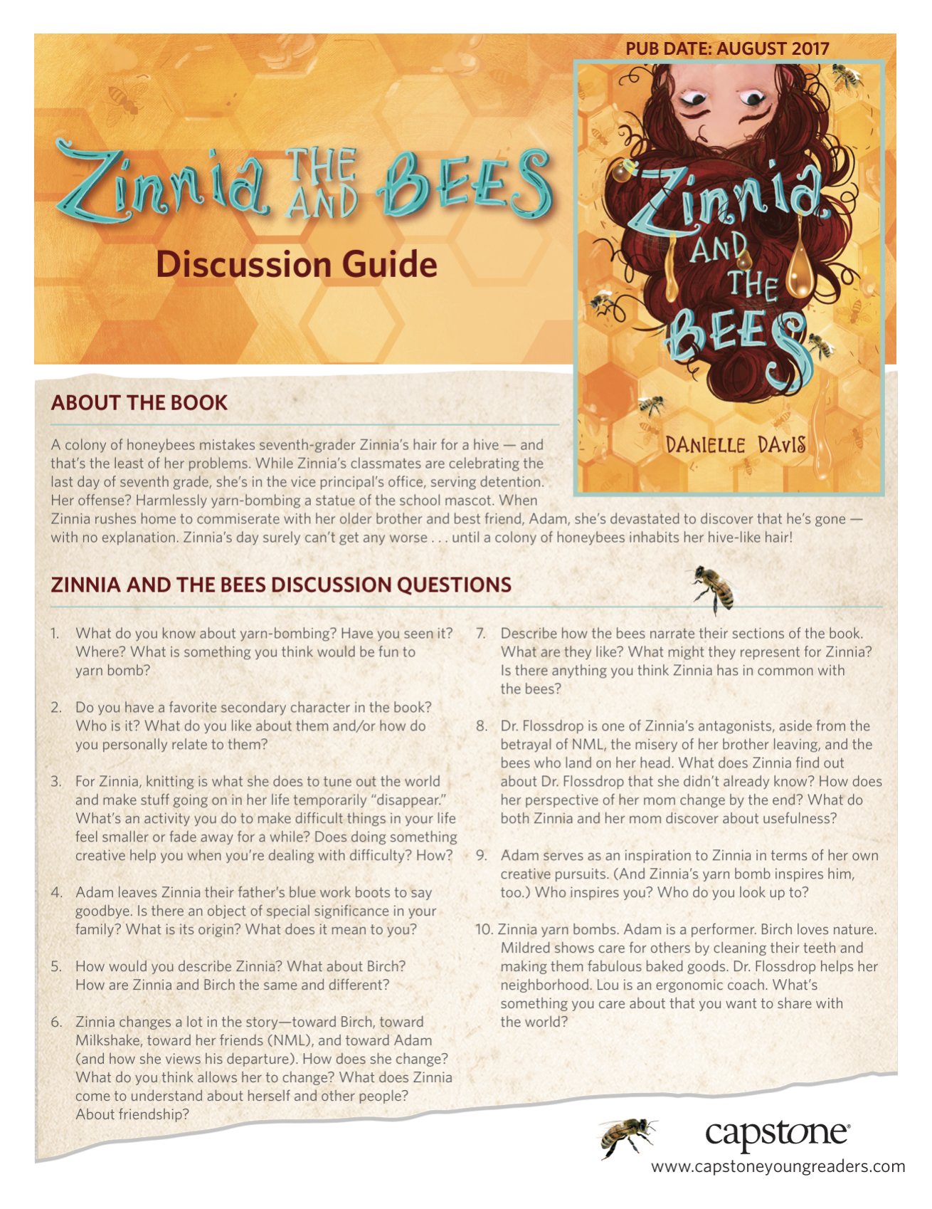 Discussion guide for the book "Zinnia and the Bees" by Danielle Davis, featuring the book cover, publication date (August 2017), and bee illustrations.
