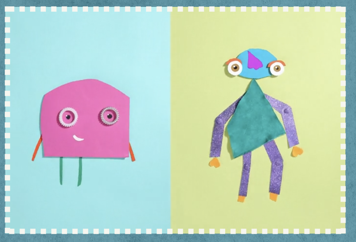 A split-screen collage of two colorful, handmade paper crafts with cartoon-like features. The left side shows a pink character with a house-shaped body, googly eyes, a small smiling mouth, and thin green legs against a light blue background. The right side features a quirky character with a blue head, large round eyes, a purple nose, and a small mouth, dressed in a purple and teal outfit with patterned arms and purple legs, set against a light green background.