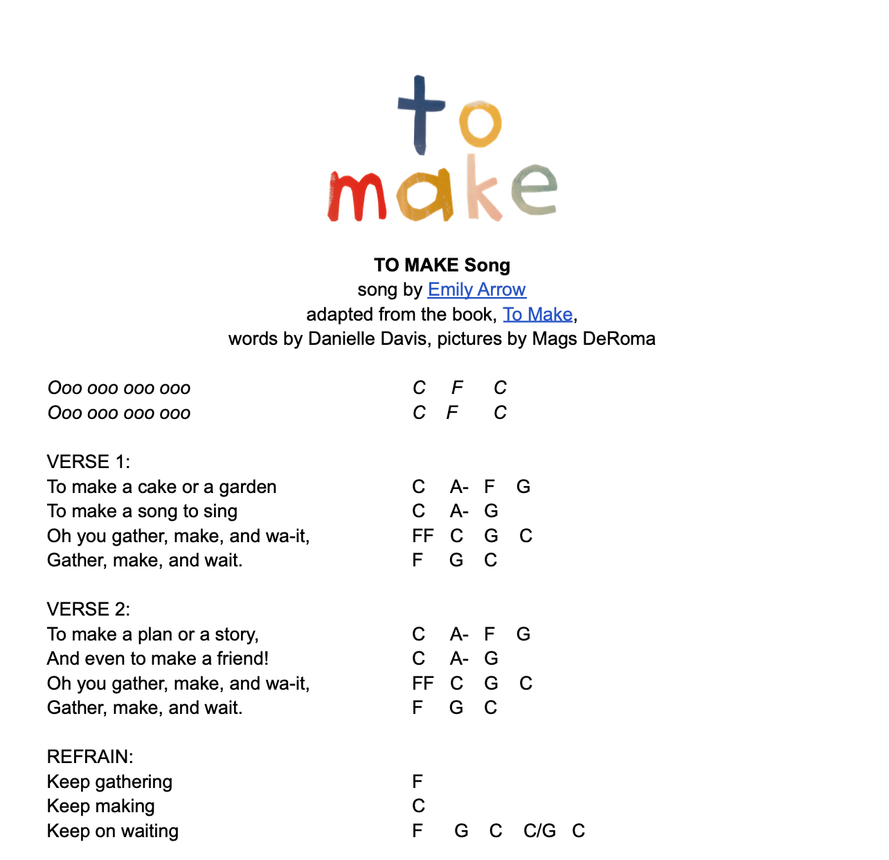 Page from a children's songbook titled 'TO MAKE Song' with lyrics and chords for the song 'To Make,' adapted from a book by Danielle Davis, with pictures by Mags DeRoma.
