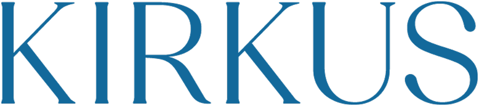 Close-up of a logo with the word 'KIRKUS' in blue uppercase letters on a black background.