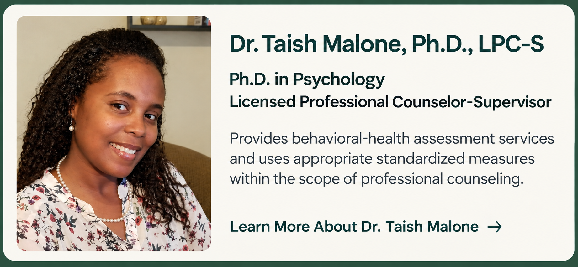 Dr. Taish Malone, Ph.D., LPC-S, providing behavioral health assessment services through Designed to Overcome.
