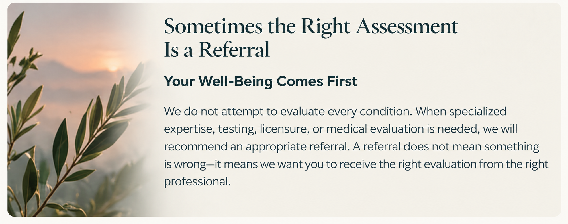 Clinical assessment referral guidance emphasizing appropriate evaluation and client well-being at Designed to Overcome.