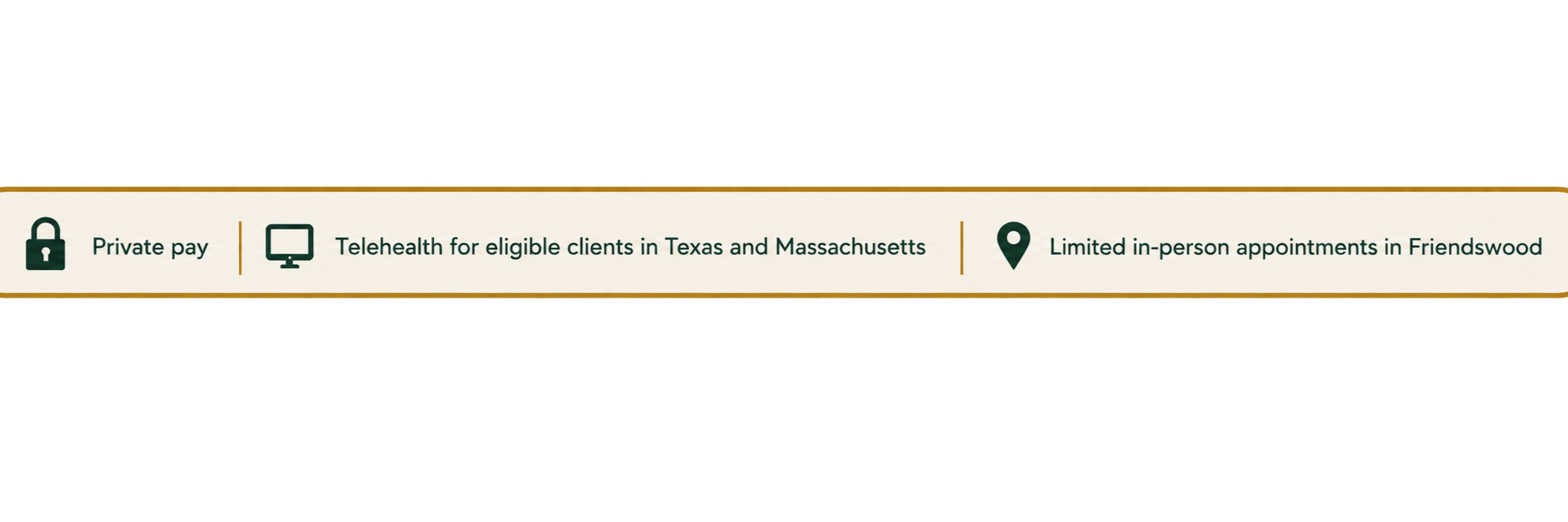 Private-pay addiction counseling with telehealth for eligible clients in Texas and Massachusetts and limited in-person appointments in Friendswood, Texas.