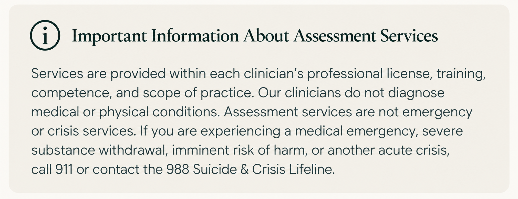 Important information about clinical assessment services, professional scope of practice, medical referrals, and crisis limitations at Designed to Overcome.