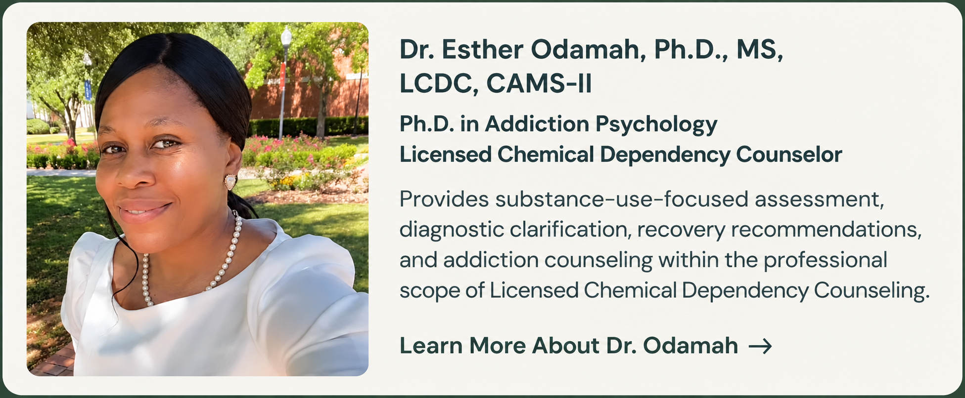 Dr. Esther Odamah, Ph.D., LCDC, CAMS-II, providing substance use assessment and addiction counseling at Designed to Overcome.