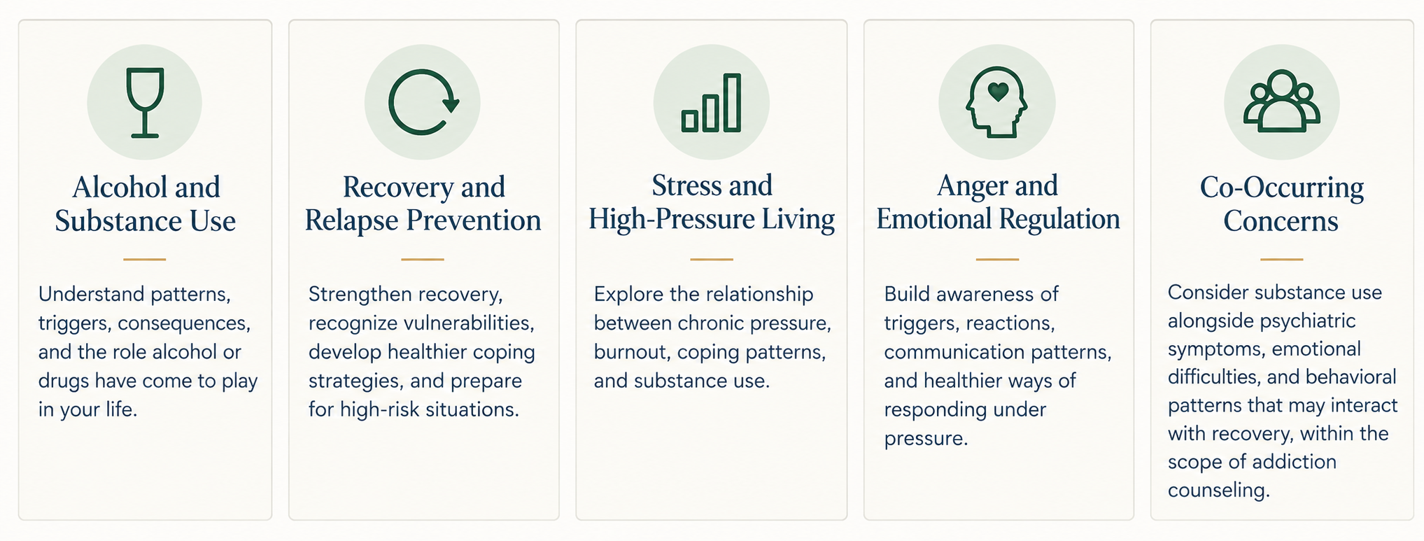 Addiction counseling services for alcohol and substance use, relapse prevention, stress, anger, and co-occurring concerns in Massachusetts.