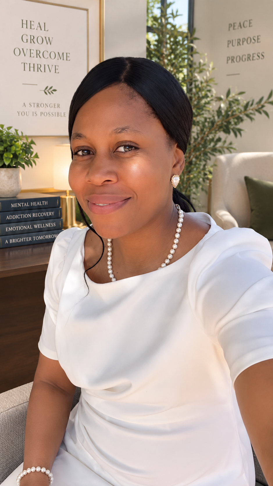 Dr. Esther Odamah, addiction counselor and therapist at Designed to Overcome, LLC, in a professional counseling office.