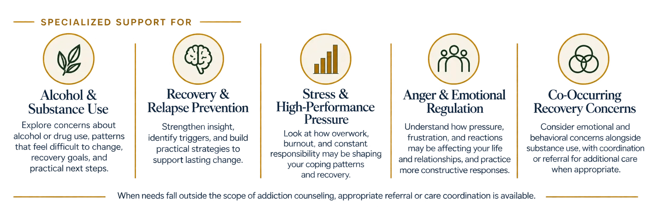 Specialized addiction counseling support for high-achieving adults, including alcohol and substance use, relapse prevention, stress, anger and emotional regulation, and co-occurring recovery concerns.