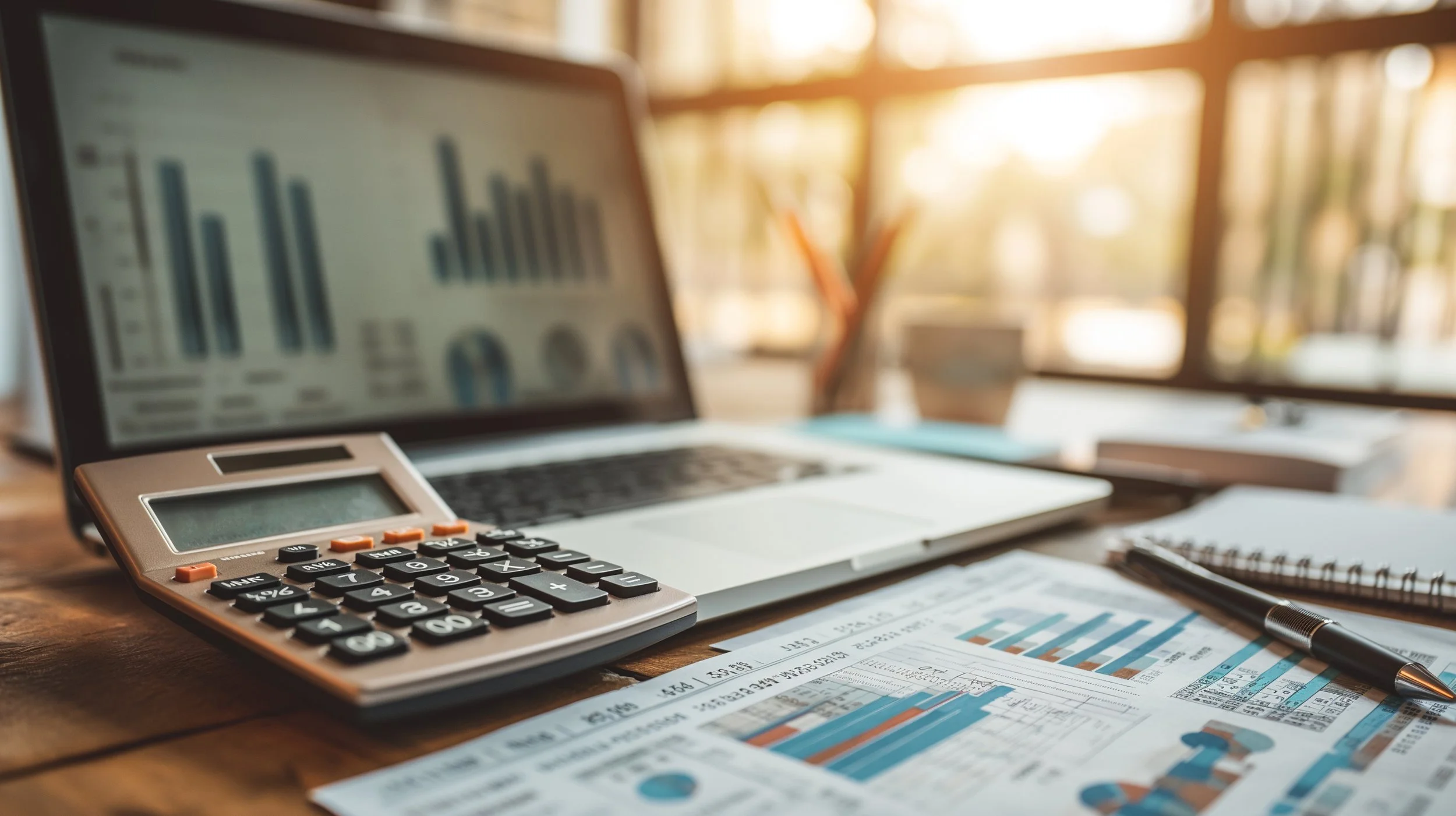 Computadora portátil, calculadora, gráficos financieros, y documentos en una mesa de oficina con luz natural.