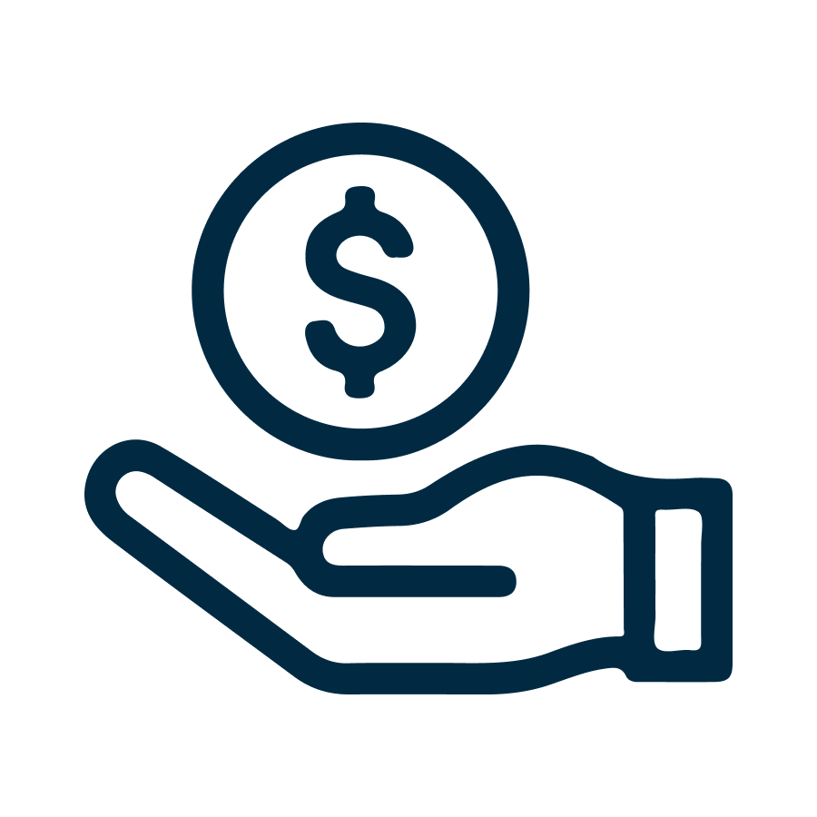 Ilustración en negro y azul de una mano sosteniendo una moneda con símbolo de dólar.
