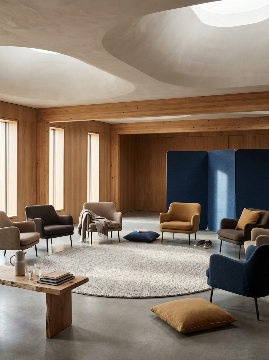 A modern living room with wooden walls and ceiling, several armchairs in neutral and dark colors arranged in a circle, a round rug in the center, pillows, a small wooden table with books and glasses, and large windows letting in natural light.