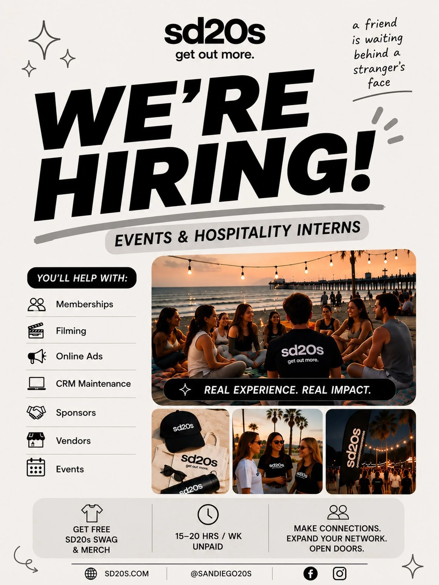 📣 WE&rsquo;RE HIRING!!!

We&rsquo;re looking for Events &amp; Hospitality Interns to help us make SD20s events bigger and better than ever.

We want every event to feel welcoming, exciting, and thoughtfully put together &mdash; the kind of experienc