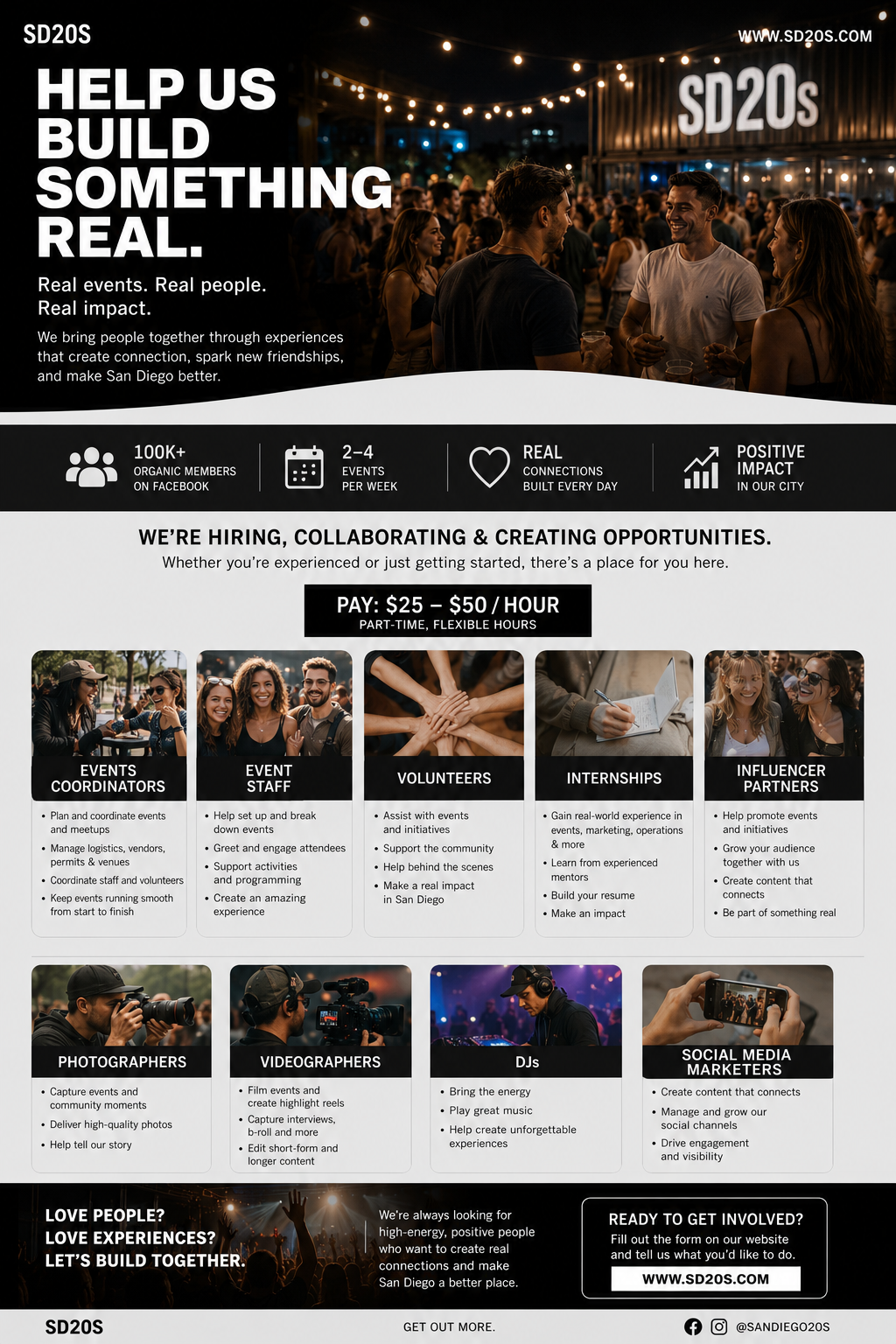 Poster advertising SD20S events and opportunities, featuring a photograph of people socializing at an outdoor event with string lights, and events such as event coordinators, staff, volunteers, internships, influencer partners, photographers, videographers, DJs, and social media marketers.