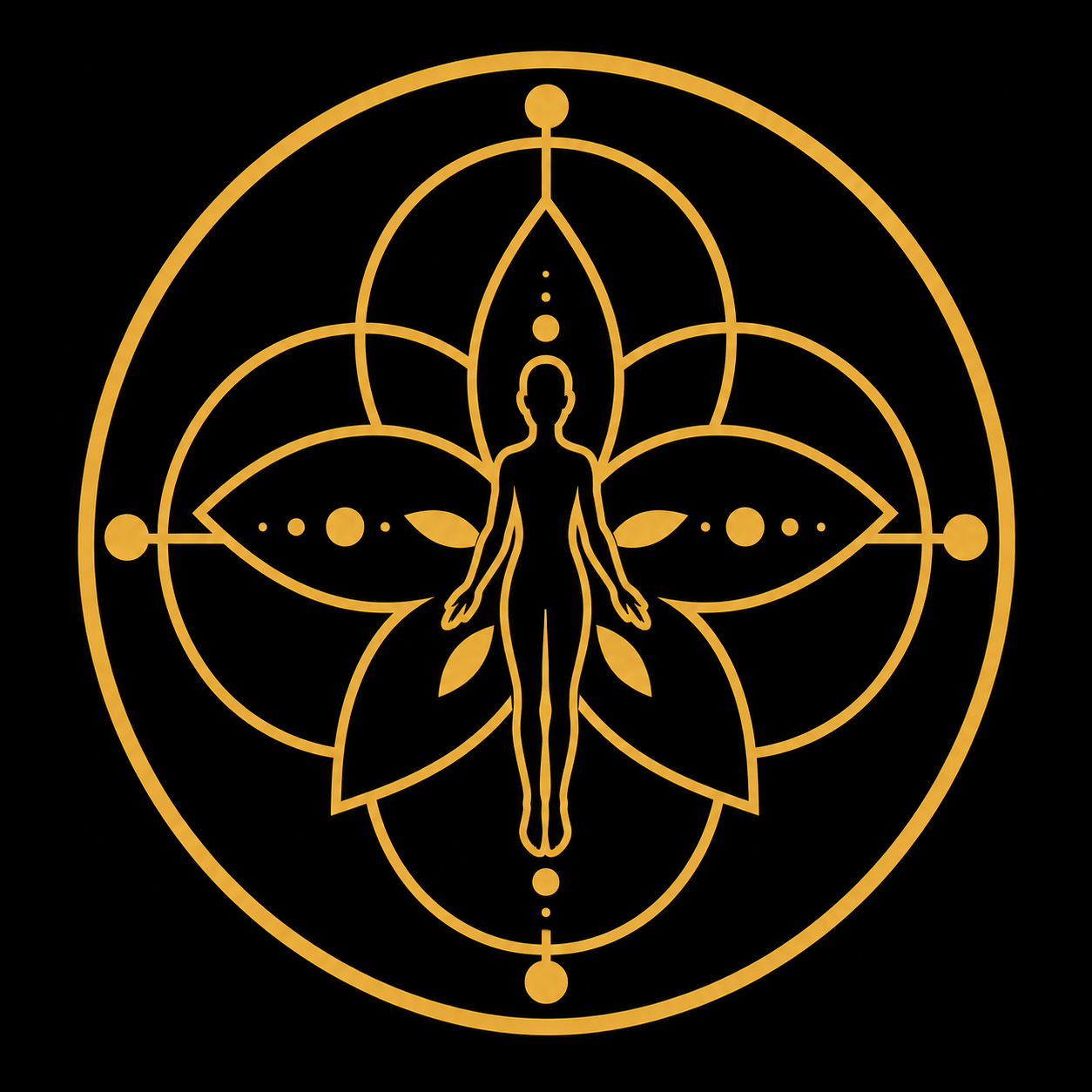 The logo for the Western Australian Circle for Peace. A golden outline of a human silhouette, featuring geometric shapes and circles on a black background.
