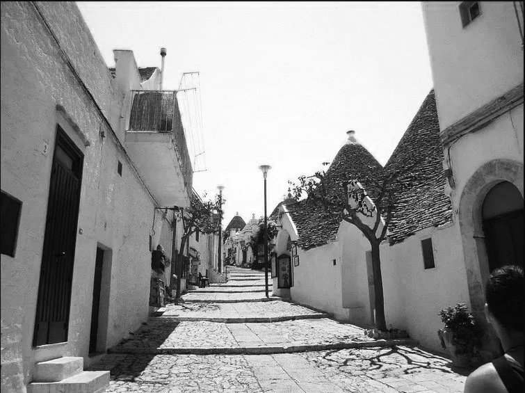 A black and white photo of a cobblestone street in Alberobello, Italy with white buildings and unique conical roofs, trees casting shadows, and street lamps along the pathway.