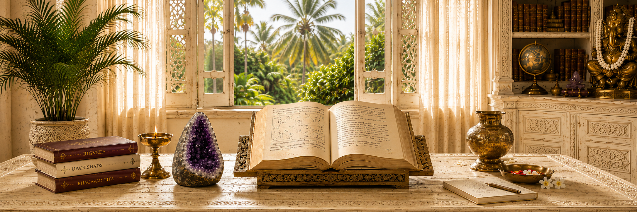 A cozy room with an open book on an ornate carved table, surrounded by books, flowers, and decorative objects, with a window showing lush greenery and palm trees outside.