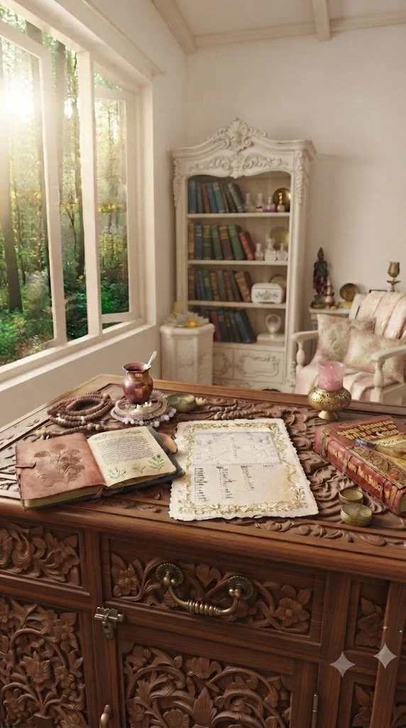 A cozy room with a wooden desk, open books, candle holders, and religious artifacts. Large window showing greenery outside, white ornate bookshelf, and a cushioned sofa with decorative pillows.