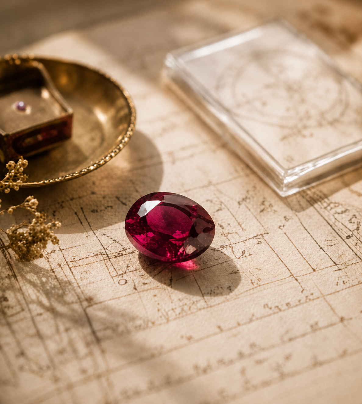 A large, oval-shaped red gemstone resting on old handwritten paper, surrounded by jewelry items including a gold ring box and a clear glass box.
