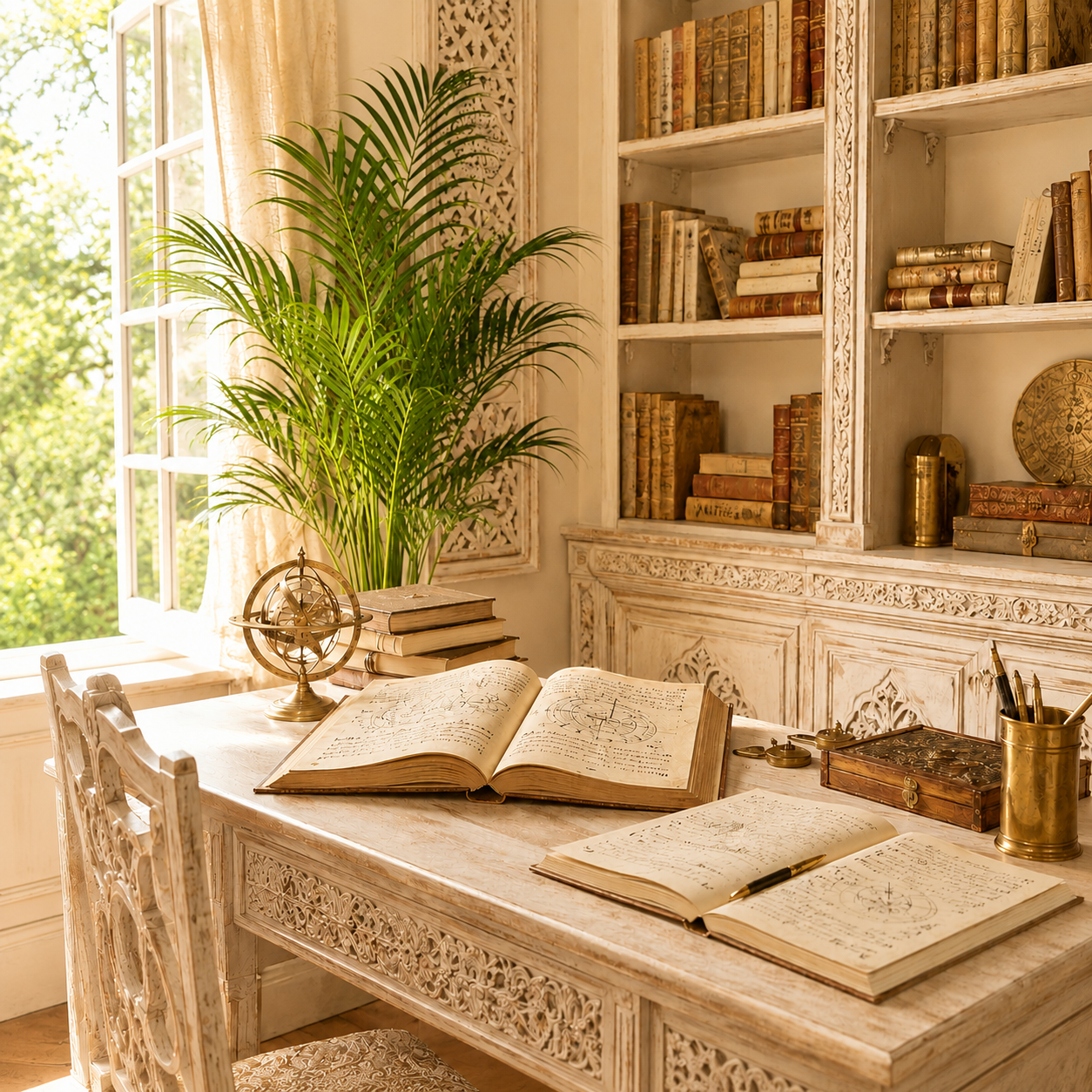 A vintage study room with a white ornate desk, open books with handwritten notes and diagrams, a golden armillary sphere, pencils and pens in containers, a large book with sketches, a tall green plant near a window, a bookshelf filled with old books, and sunshine coming through sheer curtains.