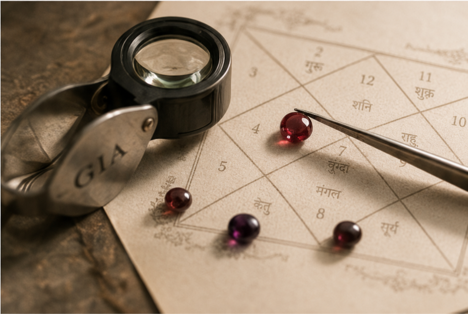 A magnifying glass, a pair of tweezers holding a red gemstone, and several other gemstones on a paper with Sanskrit or Hindi text and numbers, likely an astrological or zodiac chart.