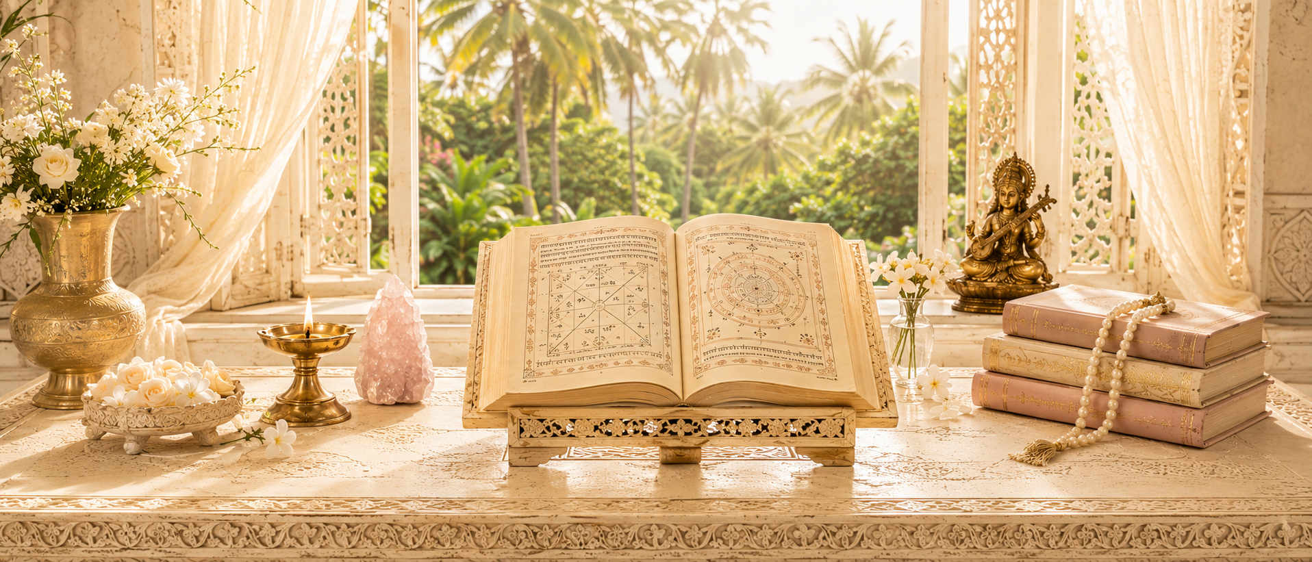 An altar with an open book at the center, surrounded by flowers, candles, a small statue of a deity, and stacked books, set against a window showing a tropical landscape.