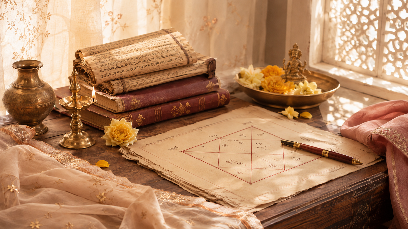 A wooden table with old books, a brass vase, a lit candle, a pen, a diagram on paper, flowers, and a small statue, illuminated by natural light in a softly lit room with lace curtains.