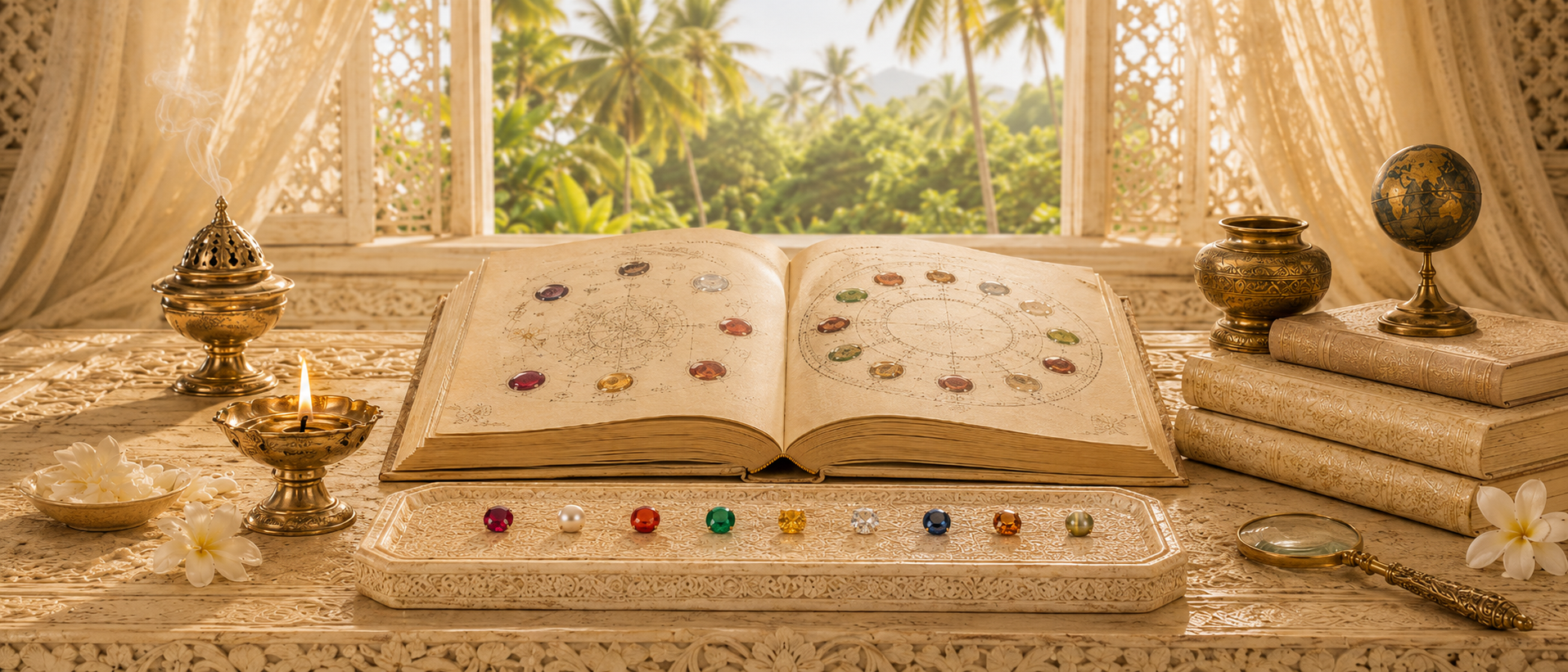 Decorative table with open ancient book of gemstones, surrounded by jewelry, candlestick, magnifying glass, and floral accents, with a window view of lush green tropical trees in the background.