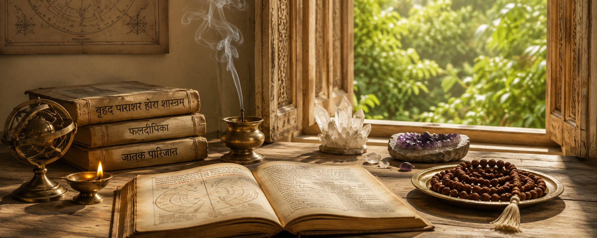 A wooden table with open book, crystals, amethyst, prayer beads, oil lamp, burning candle, and a brass incense holder with smoke, set in front of a window with green foliage outside.