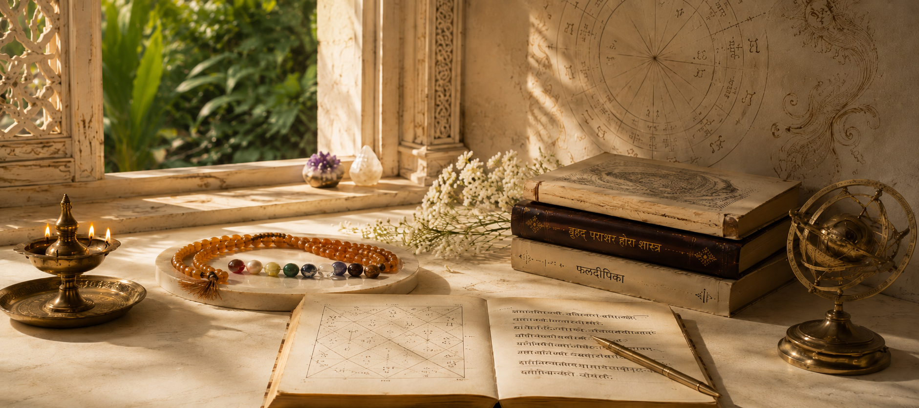Vintage desk scene with open book containing Sanskrit script, beaded necklaces, and astrology tools near window with greenery outside.