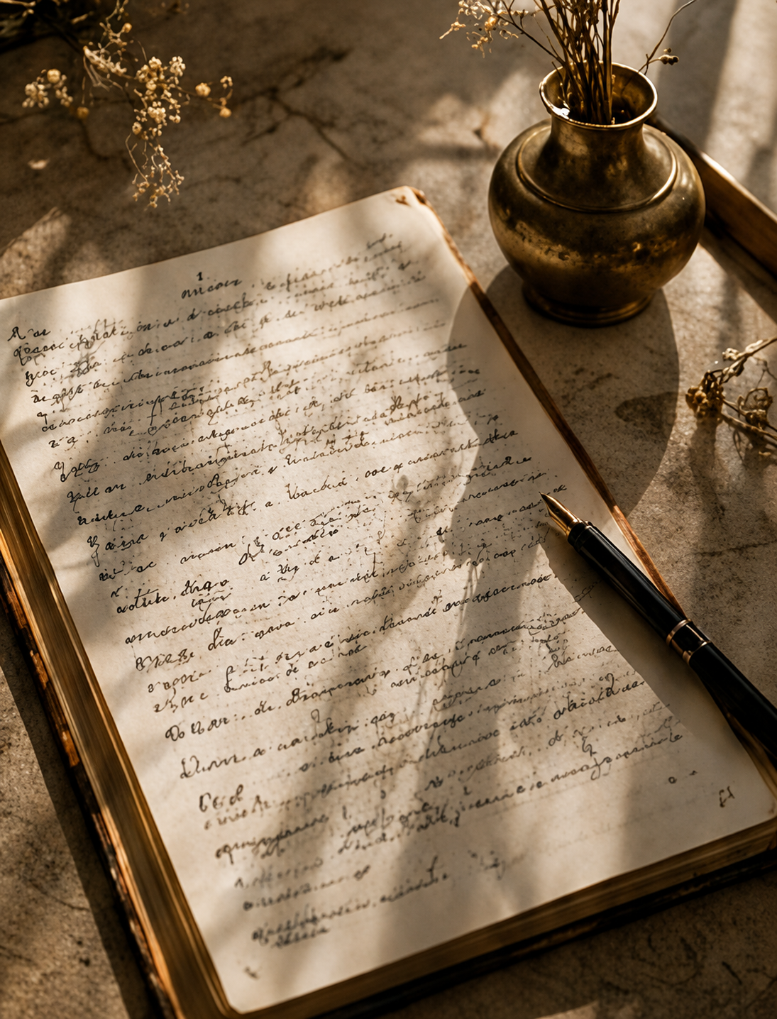 An open vintage book with handwritten text, a black and gold fountain pen resting on it, and a small brass vase with dry flowers, all illuminated by soft natural light.