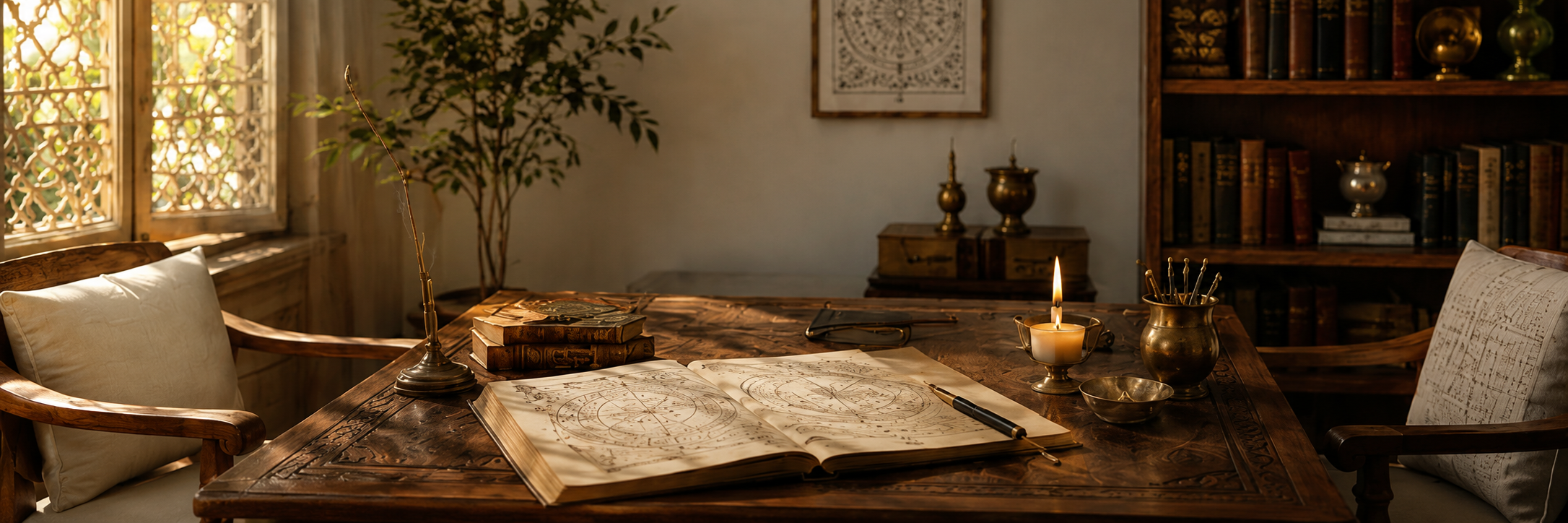 A vintage wooden desk with open books containing celestial charts, a pen, a lit candle, and small brass containers, set in a cozy room with sunlight, bookshelves, and a potted plant.