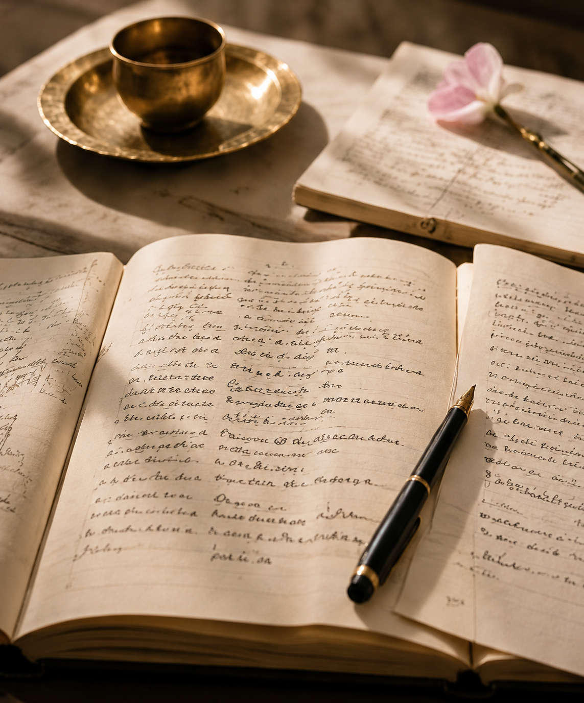 Open notebook with handwritten notes and a pen, a closed notebook, a pink flower, a gold cup, and a gold plate on a white marble surface.