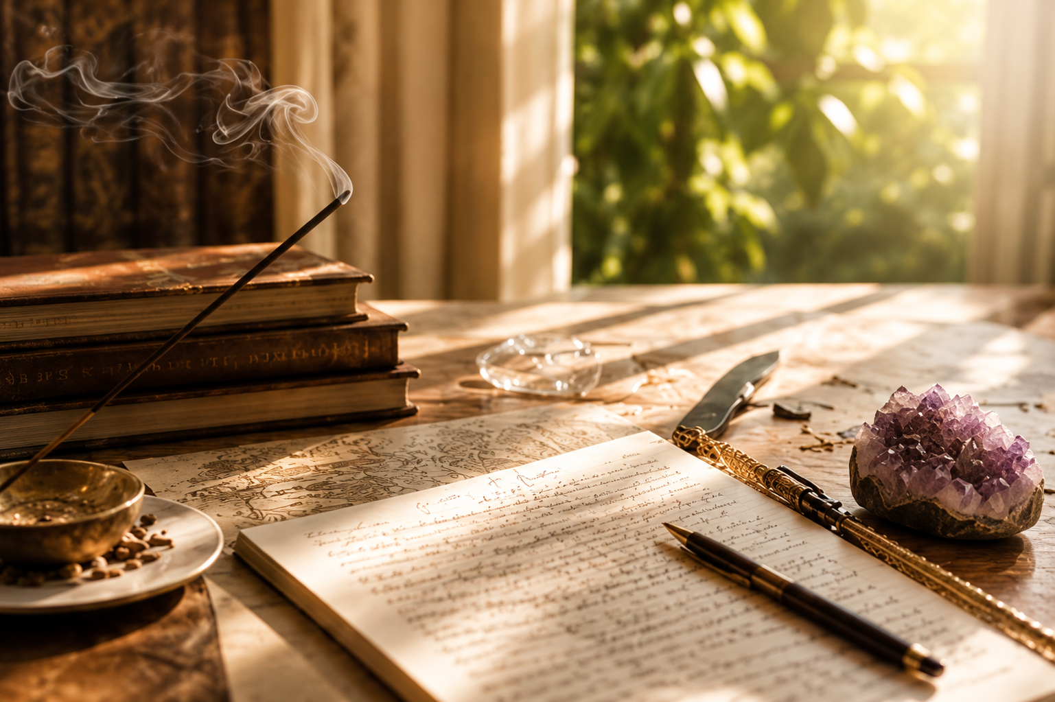 A cluttered wooden desk illuminated by sunlight, featuring an open handwritten journal, a fountain pen, a crystal cluster, a small glass dish, a stack of old books, and a bowl of coffee beans, with a window and greenery in the background.