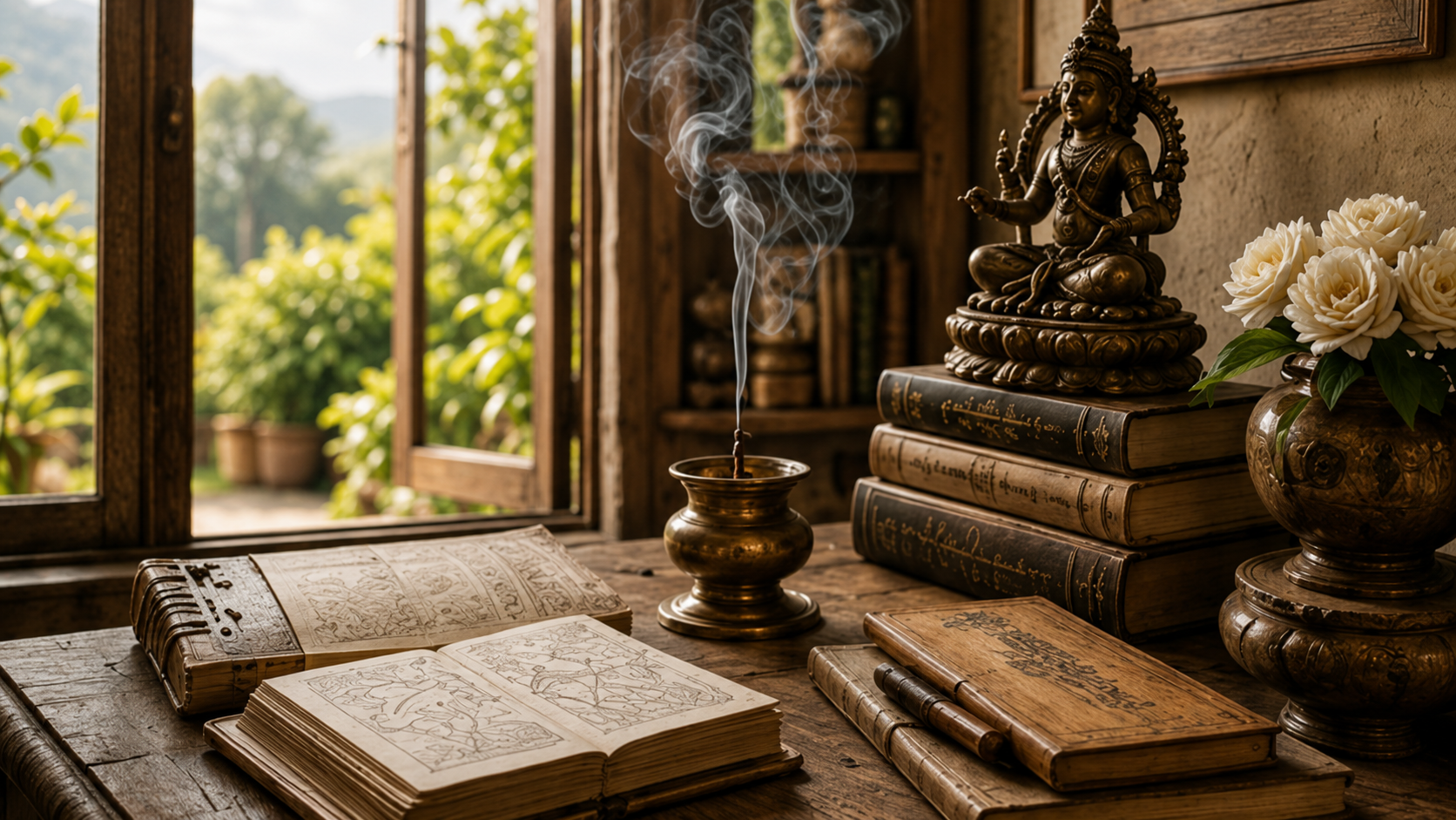 An antique wooden desk with open and closed old books, a brass incense holder with smoke, a brass vase with white roses, and a brass statue of a deity, set in a rustic room with a window showing greenery outside.