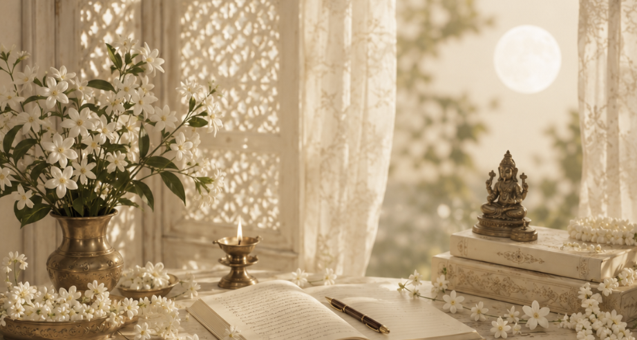 A table near a window with a vase of white flowers, an open book with a pen, a lit candle, a small Hindu deity statue, and decorative books, with lace curtains and a bright moon in the background.
