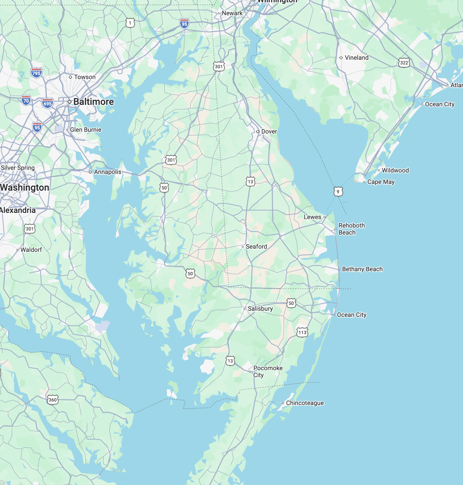 Map of the Baltimore, Maryland area showing surrounding cities, roads, and bodies of water.