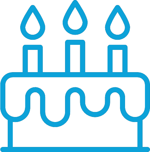 Line drawing of a birthday cake with three lit candles on top.