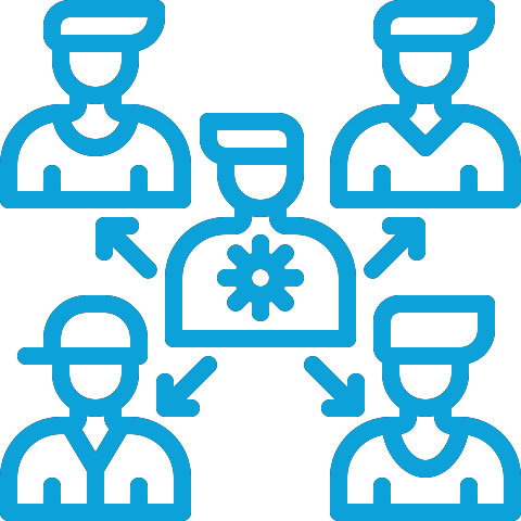 Icon of five people connected through arrows surrounding a central gear, representing teamwork or collaboration.
