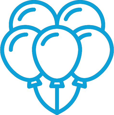 A cluster of six blue balloons tied together with strings.