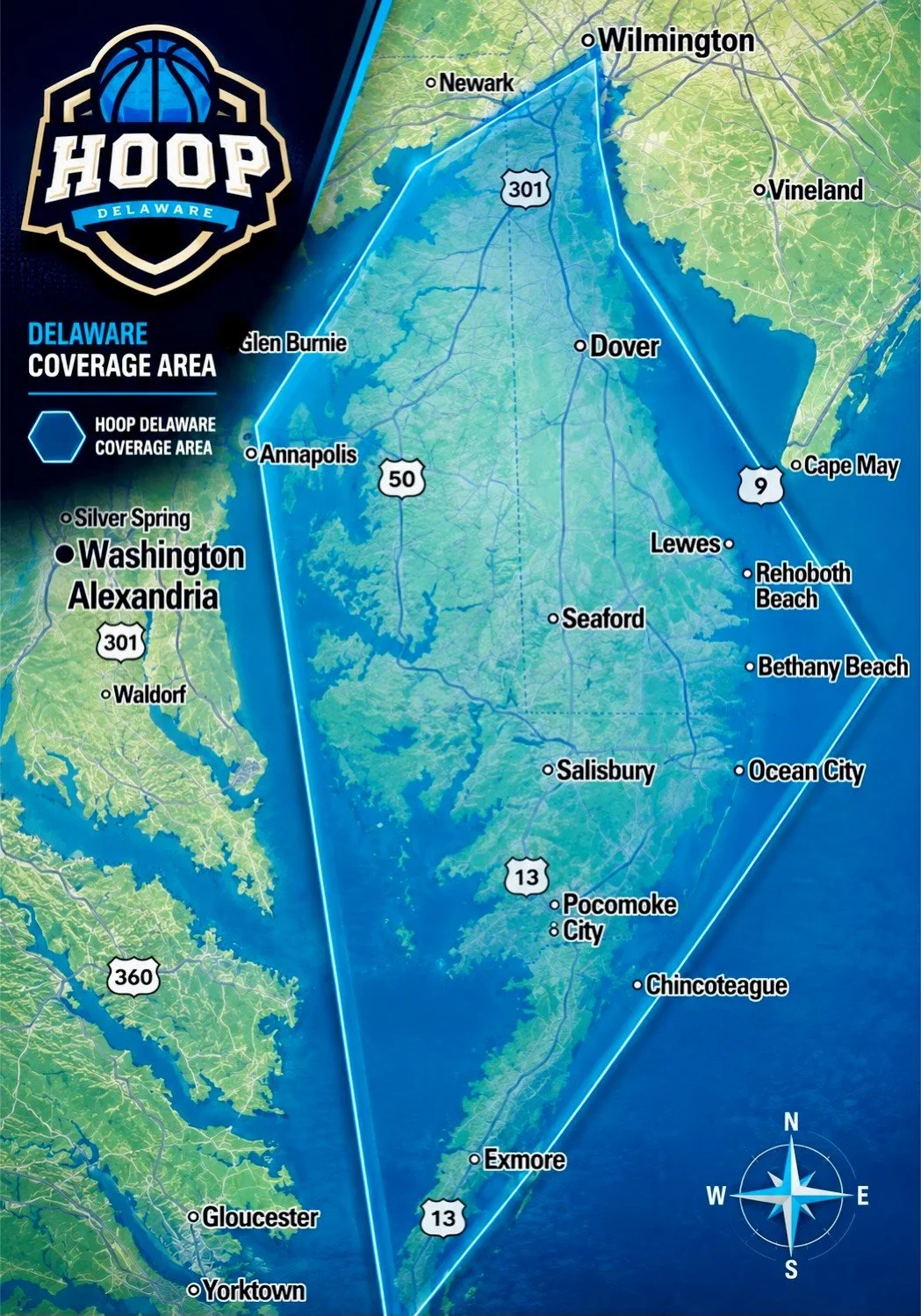 Map showing the HOOP Delaware coverage area, including cities like Wilmington, Dover, Rehoboth Beach, Ocean City, Salisbury, and Exmore, with blue boundary lines and surrounding regions such as Virginia and Maryland.