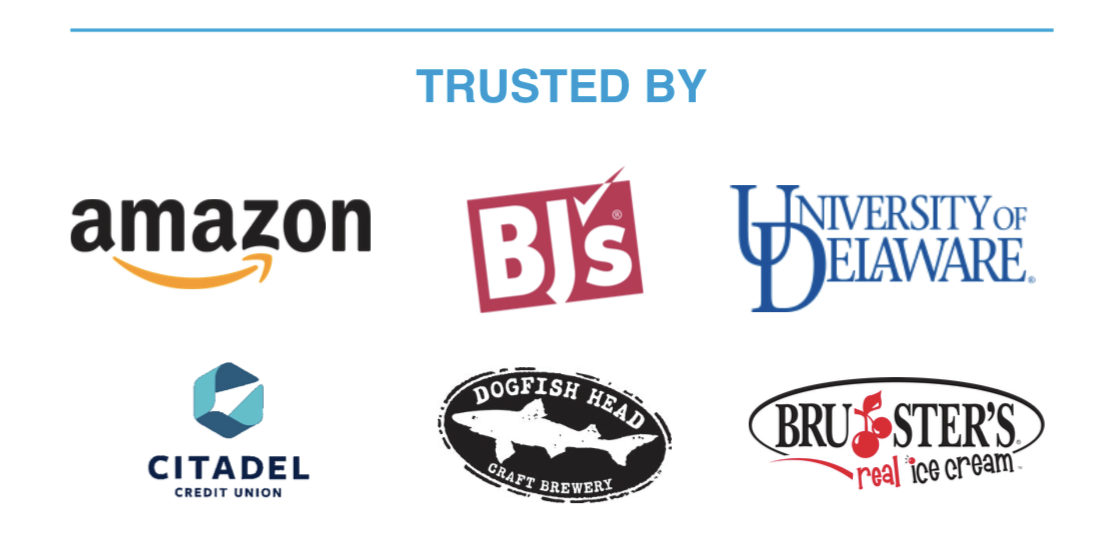 Logos of Amazon, BJ's, University of Delaware, Citadel Credit Union, Dogfish Head Craft Brewery, and Bruster's Real Ice Cream, with a heading "Trusted By" in blue at the top.