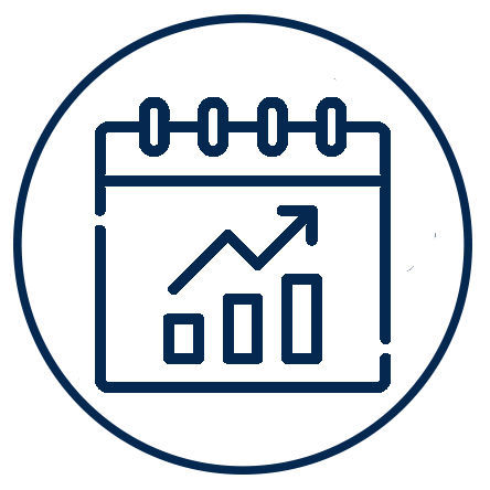 Icon of a calendar with an upward trending graph and bar chart, symbolizing growth or progress.