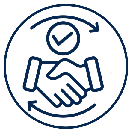 A dark blue circular icon with a white outlined heart in the center.