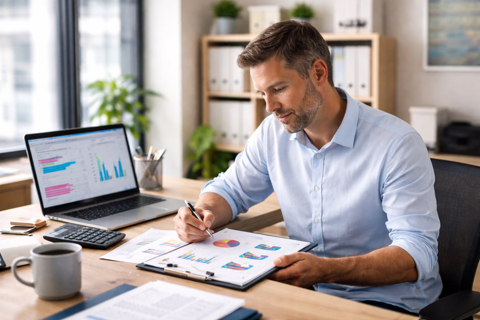 A man working at a desk with a laptop displaying colorful graphs, reviewing charts and data on paper, in an office with shelves, plants, and natural light.