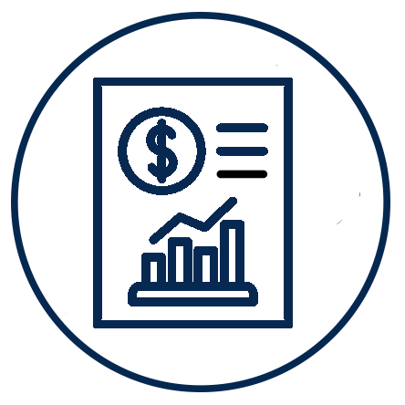 Icon of a financial report with a dollar sign, line graph, and bar chart inside a circle.