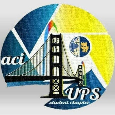 Logotipo del capítulo estudiantil UPS con un puente de Golden Gate y un globo terráqueo con una cara, en un diseño circular con colores azul, amarillo y verde.