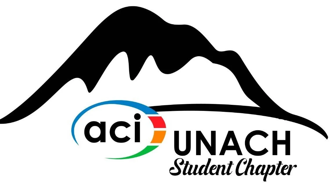 Montaña negra con nieve en la cima, logotipo de la organización 'aci UNACH Student Chapter' con letras en negro y letras en diferentes colores alrededor del fondo del texto