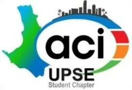 Logotipo de la sección estudiantil ACI en la Universidad UPS con un mapa del país en verde y un skyline de ciudad en gris, con el texto 'aci UPS Student Chapter' en blanco y fondo azul
